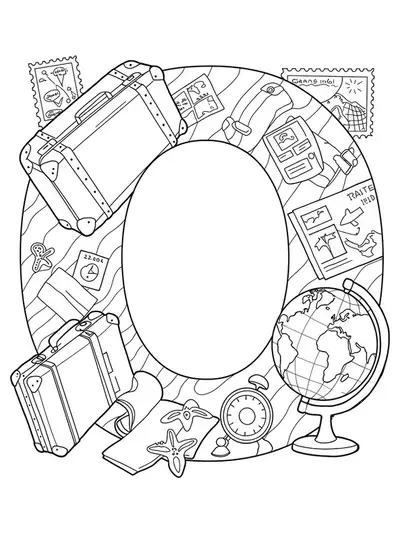 Simple vintage travel themed letter O coloring page with suitcases, globe and stamps.