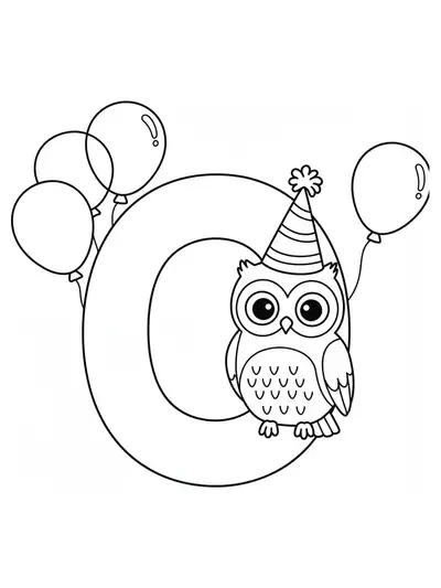 Large letter O with an owl in a party hat and balloons, birthday coloring page for preschoolers.
