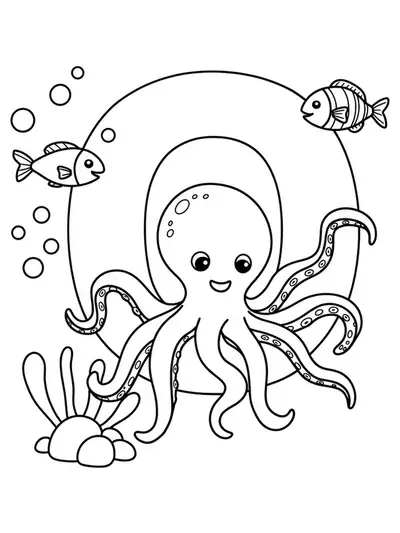 Simple coloring page of the letter O with smiling ocean animals like an octopus and fish for preschoolers.