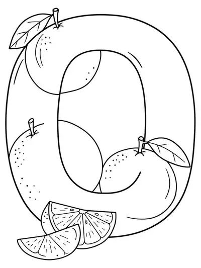 Large letter O coloring page with big, simple oranges for preschool children.