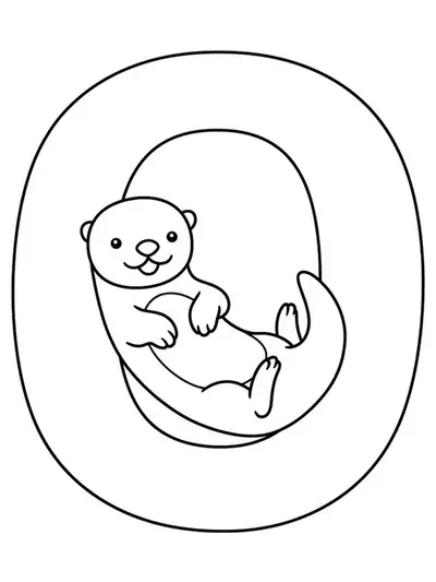Large letter O with a friendly otter floating on its back, easy coloring for preschoolers.
