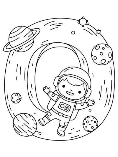 Large letter O with a happy astronaut and basic planet shapes, outer space coloring for preschool.