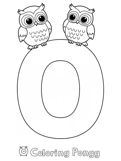 Coloring page showing large letter O with two cute owls sitting on it, for preschool.