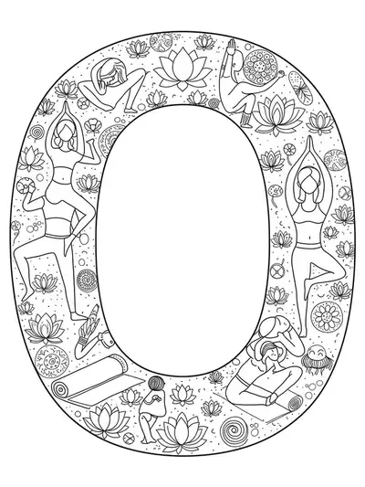 Yoga meditation themed letter O coloring page with simple yoga poses and lotus flowers.