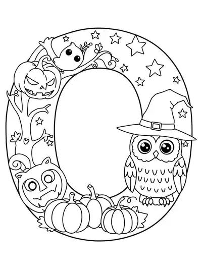 A large letter O with a cute owl in a witch hat, pumpkins, and stars, Halloween-themed preschool coloring page.