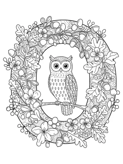 Intricate Letter O coloring page with an owl, forest leaves, flowers, and branches.