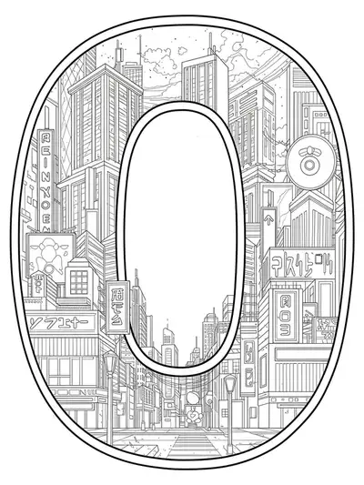 Letter O with medium complexity manga-inspired cityscape and night skyline.