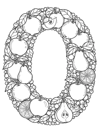 Letter O detailed with fruits, leaves, and orchard branches for preschool coloring.