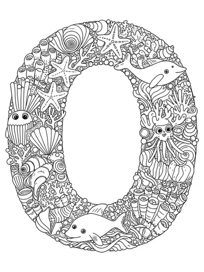 Intricate letter O with detailed ocean animals, shells, and seaweed for preschool coloring.