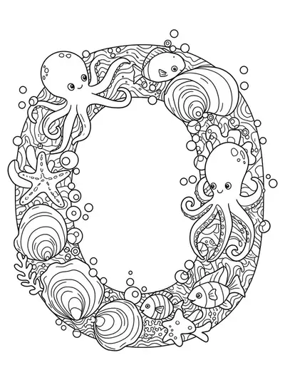 A large letter O surrounded by ocean animals like octopus and oysters, with waves and medium-level details, for elementary coloring