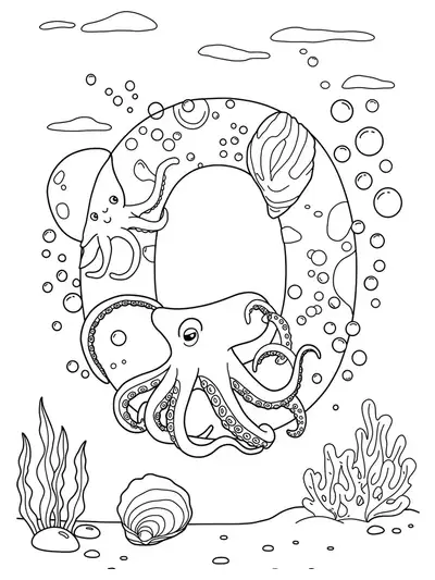 A large letter O with sea creatures like octopus, oysters, bubbles, and seaweed around it, designed as a preschool coloring page.