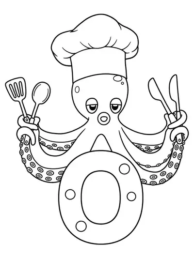 A cartoon octopus chef with the letter O, holding kitchen utensils and food, medium detail for elementary coloring