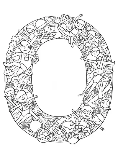 A large letter O with Olympic athletes around it, participating in sports like running and swimming, moderately detailed for elementary kids
