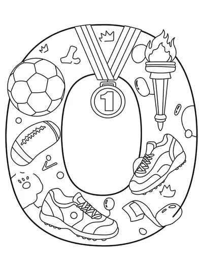 A letter O with sports items like a soccer ball, medal, torch, and running shoes, sports-themed preschool coloring page.