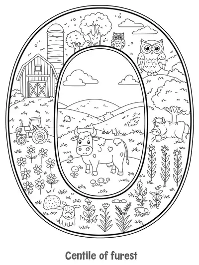 Letter O at the center of a farm scene with a barn, tractor, ox, owls, and crops, suitable medium detail for elementary kids