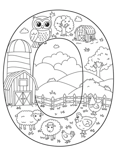 A letter O with an owl, barn, sheep, chickens, and fence, farm-themed preschool coloring page.