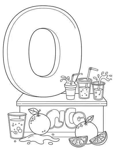 A letter O with an orange juice stand, oranges, cups, and juice splashes, food and drink preschool coloring page.