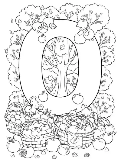A letter O with apples, oranges, baskets, and orchard trees, medium-complexity nature-themed preschool coloring page.