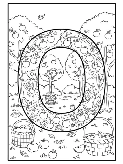 Letter O in the center of an apple orchard with apple trees and falling leaves, medium detail for elementary age coloring