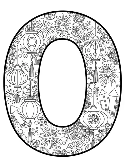 Letter O decorated with oriental lanterns, fireworks, and festival patterns, medium detail for elementary-age coloring