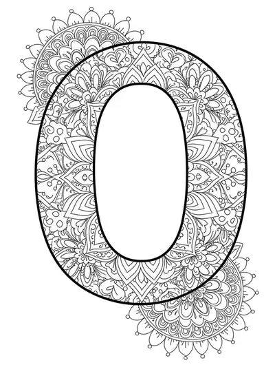 Letter O surrounded by medium-complexity mandala and floral patterns, designed for elementary kids