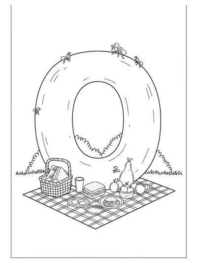 A letter O with a picnic scene, basket, food, fruit, and ants, picnic-themed preschool coloring page.