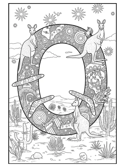 Letter O with kangaroos, boomerangs, and desert plants in an intricate outback scene for preschool coloring.
