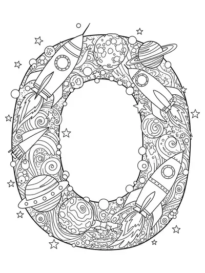 Detailed letter O with rockets, planets, and stars for preschool space-themed coloring.