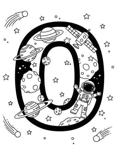 A large letter O in space with planets, stars, and an astronaut floating nearby, suitable medium detail for elementary children
