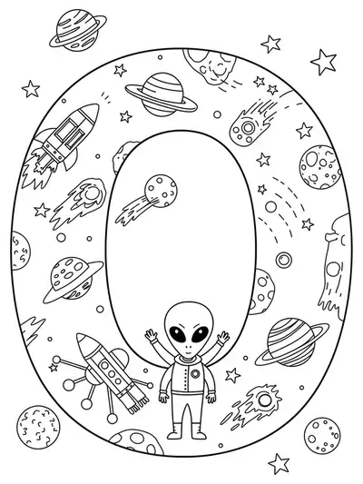A letter O surrounded by spaceships, planets, stars, and a cartoon alien, space-themed preschool coloring page.