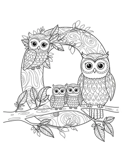 Large letter O on a tree branch with an owl family around it, surrounded by leaves, moderate detail for elementary coloring