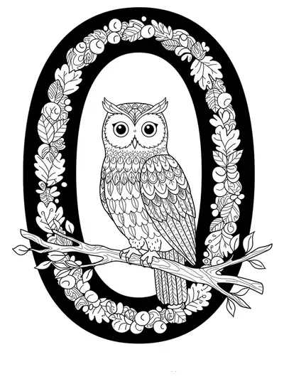 Intricate letter O with a detailed owl, tree branches, and leaves for preschool coloring.