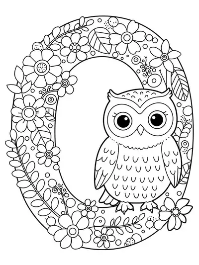 A letter O with a cute owlet, flowers, and leaves, animal and nature-themed preschool coloring page.