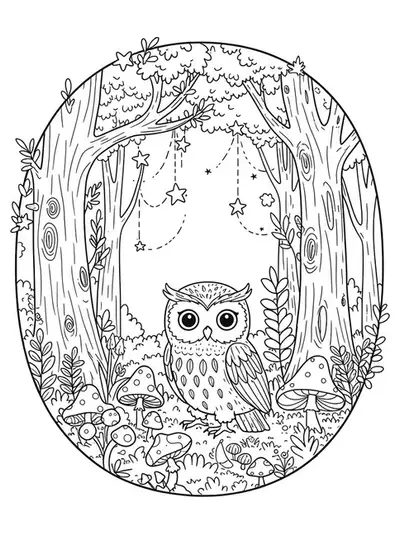 Whimsical letter O in a fantasy forest with an owlet, enchanted trees, stars, and mushrooms, medium detail for elementary
