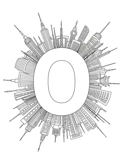 Letter O surrounded by medium complexity architectural landmarks and modern buildings.