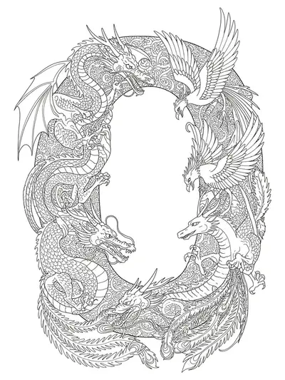 Letter O encircled by medium complexity mythical creatures like dragons and phoenixes.
