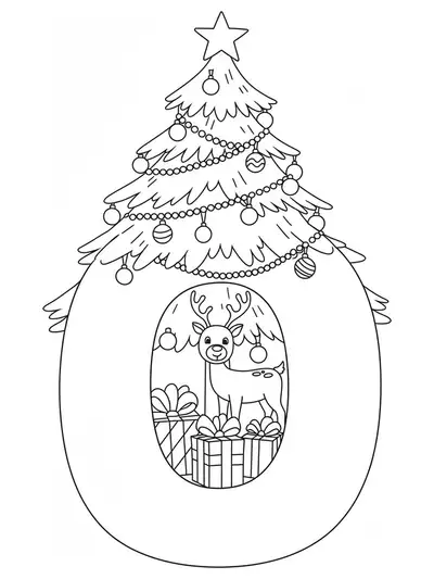 A large letter O under a Christmas tree with ornaments, gifts, and a reindeer, Christmas preschool coloring page.