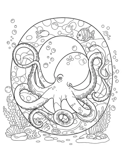 Letter O with a detailed octopus, fish, and sea plants for preschool coloring.