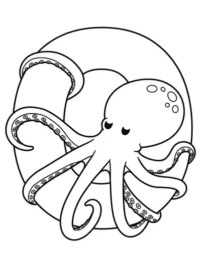Coloring page with the letter O and a smiling cartoon octopus wrapping its tentacles around it.