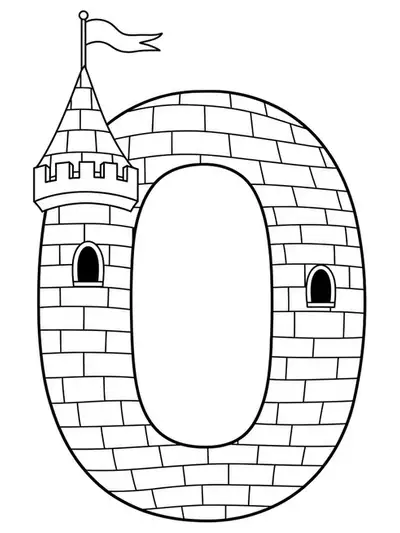 Easy coloring page of the letter O with a simple old castle turret and flags.
