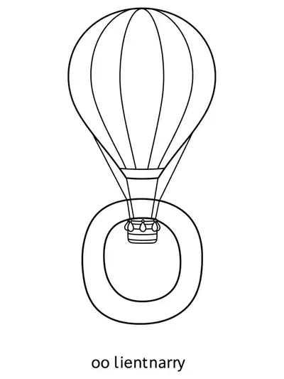 Coloring page of the letter O with a big cartoon hot air balloon floating above.