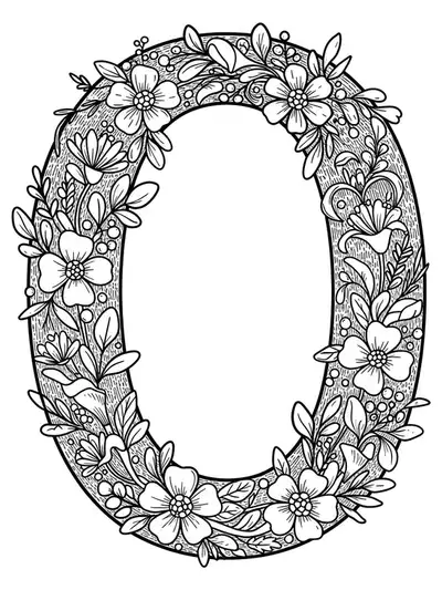 Letter O with flowers, vines, and leaves in black and white line art, medium detail level for adult coloring.