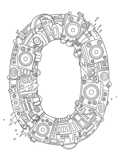 Letter O featuring medium complexity music festival motifs like headphones, speakers, and lights.