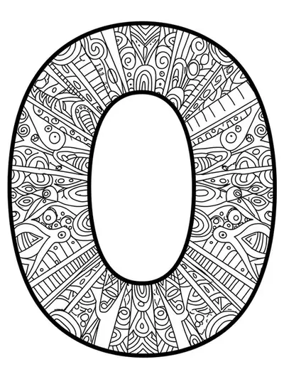 The letter O with geometric shapes and repeating patterns, medium detail, for adult coloring.