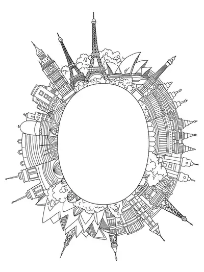 Letter O surrounded by famous landmarks like Eiffel Tower and Statue of Liberty, black and white, medium detail.