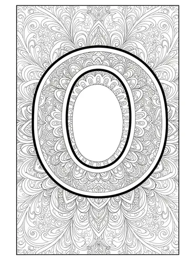 The letter O surrounded by mandala ornaments in black and white line art, medium detail for adult coloring.