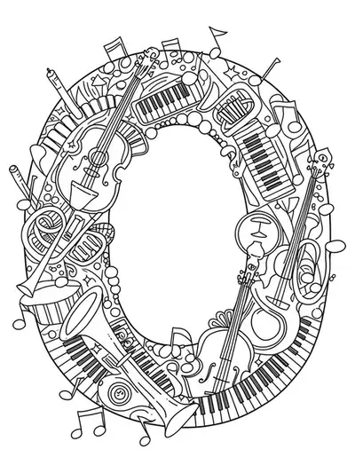 The letter O surrounded by musical instruments like guitars and violins, moderately detailed for adult coloring.
