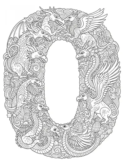 Letter O surrounded by mythical creatures such as dragons and phoenixes, medium detail for adult coloring.