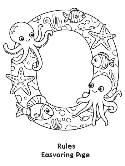 Easy coloring page of the letter O with simple ocean animals like a fish, octopus, and starfish around it.