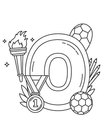 Coloring page of the letter O with simple drawings of a medal, torch, and soccer ball.